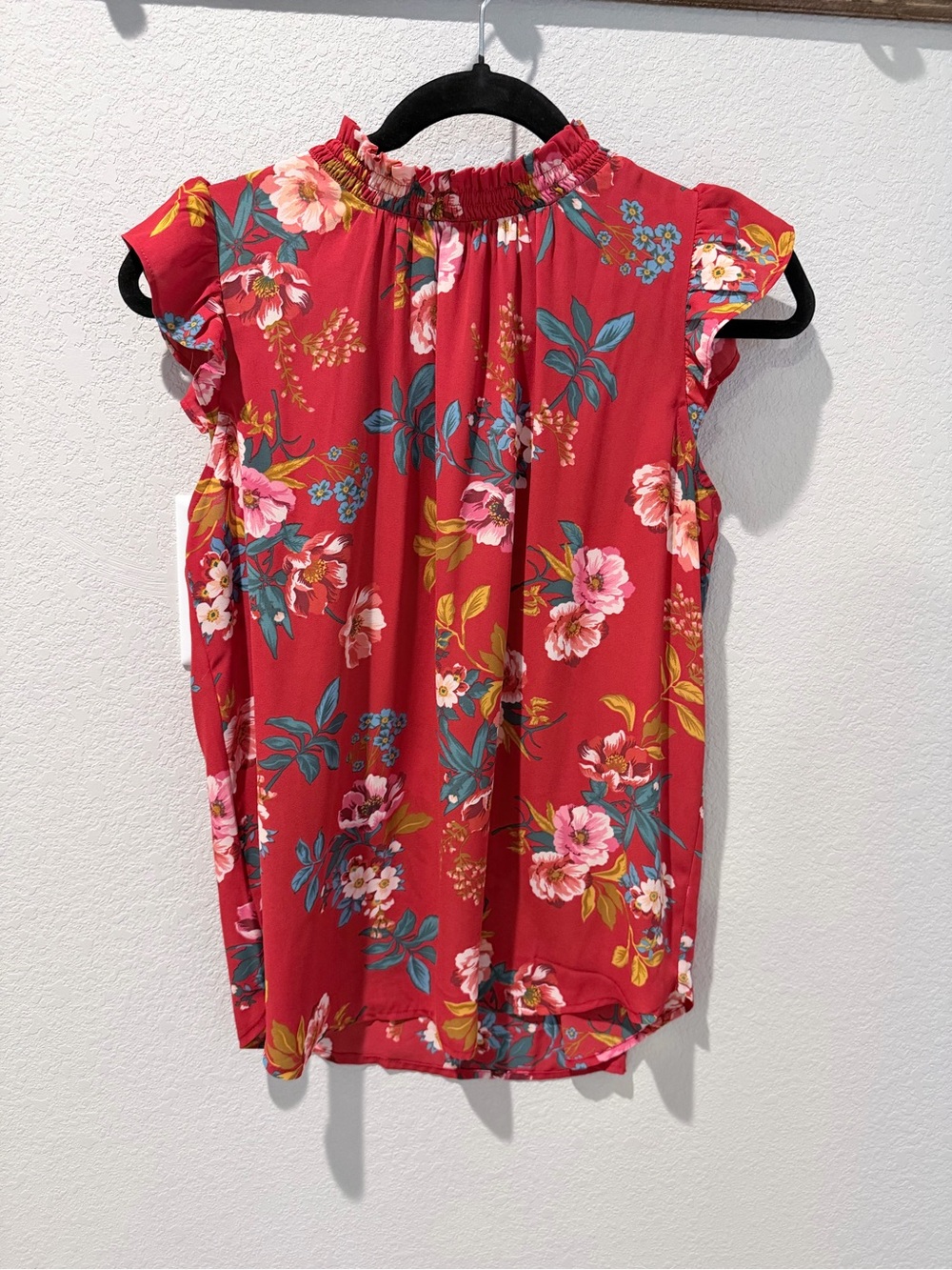 LOFT Red Floral Mock Neck Flutter Sleeve Blouse